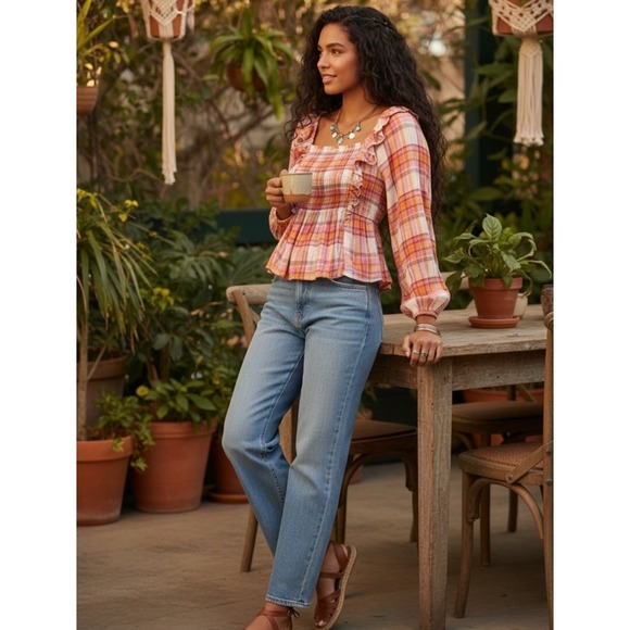 Free People Tops - NWT Free People Women Sienna Plaid Ruffle Square Neck Blouse S
